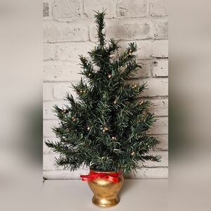 Vintage 25" Mini Christmas Tree Gold Pot Base w/ Red Ribbon & Gold Berries